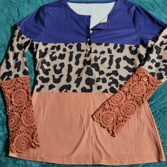 Leopard Colorblock Crocheted Long Sleeve Button Up Blouse, Medium - Picture 3 of 10